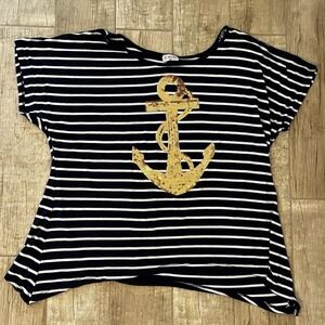 Free Kisses Womens Gold Anchor Nautical Short Sleeve Shirt Stretchy Plus Size 2X